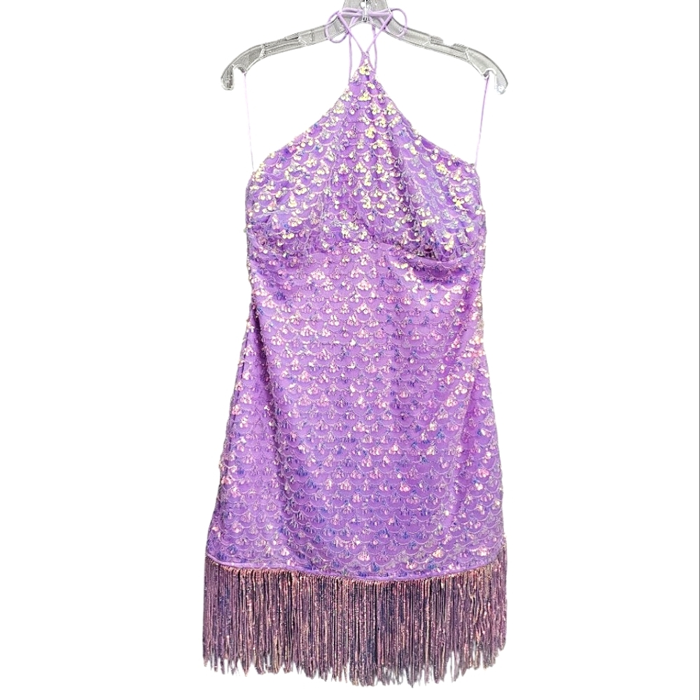Nwt Fashion Nova Lavender Iradecent Sequin Vitamin Sea Halter Fringed Mini Dress - Picture 3 of 17